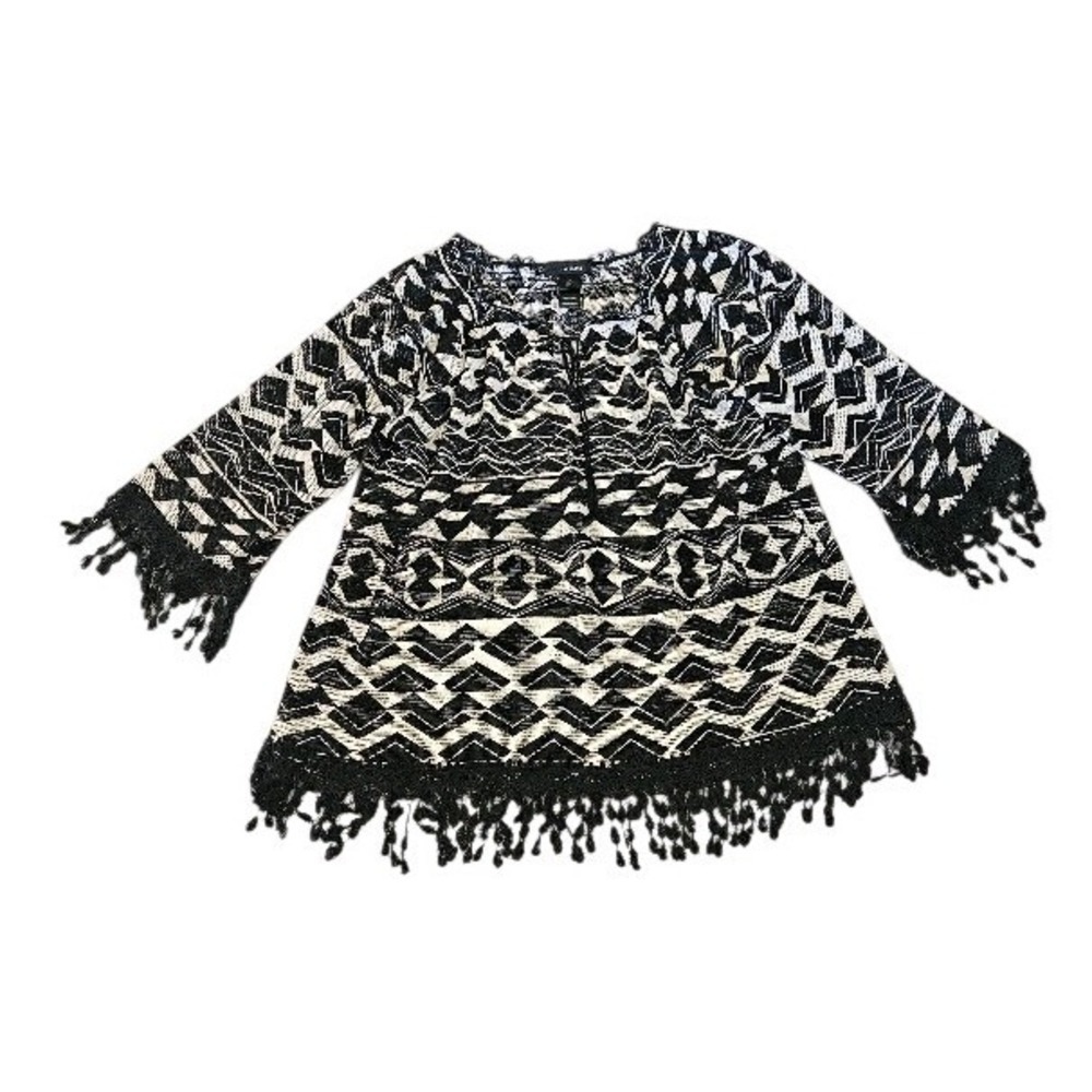 Ali Miles Tunic Top Womens 1X Black White Geometric Mesh Tassel Fringe Artsy